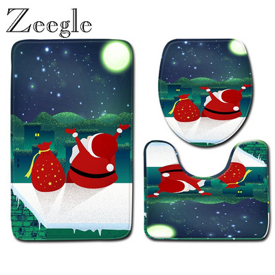 Zeegle Merry Christmas 3τμχ Σετ Ματάκι Μπάνιου Διακοσμητικό Χαλί ποδιών Αντιολισθητικό Κάλυμμα Καπάκι Τουαλέτας Ματ Αντιολισθητικό Χαλί από πολυεστέρα