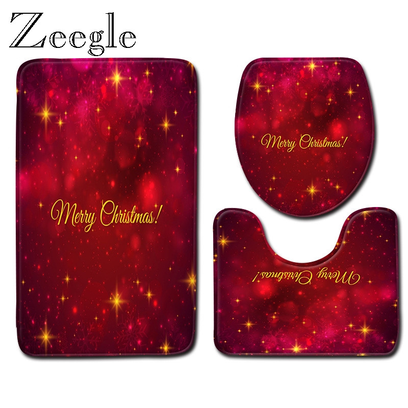 Zeegle Merry Christmas Set prostirki za kupaonicu od 3 komada Kupaonska dekoracija Prostirka za noge Neklizajuća podloga za poklopac WC školjke Protuklizna poliesterska prostirka
