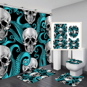 Комплект завеси за душ със забавен череп и скелет Хелоуин Фестивал за домашен декор Постелка за баня Покривало за капак на тоалетна Фланелен килим за баня