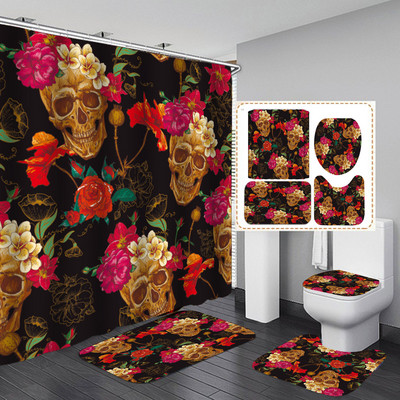 Smiješni print kostura lubanje Set zavjesa za tuš Noć vještica Festival Dekoracija doma Otirač za kupaonicu Poklopac za WC školjku Flanel Kupaonski tepih