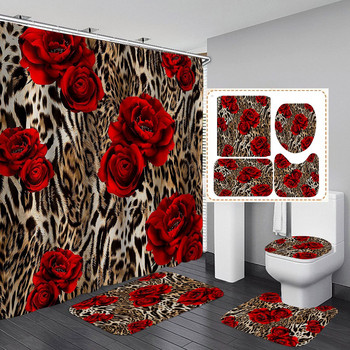 Κόκκινο τριαντάφυλλο ριγέ λουλούδια Σετ κουρτινών μπάνιου Αδιάβροχο πολυεστέρα που πλένεται αντιολισθητικό χαλάκι μπάνιου Χαλιά Κάλυμμα καπακιού τουαλέτας χαλί