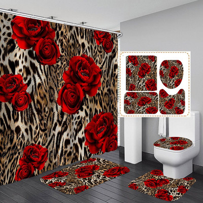 Pruge crvene ruže Cvijeće Kupaonski komplet zavjesa za tuširanje Vodootporna poliesterska periva neklizajuća prostirka za kupaonicu Tepisi Tepih Navlaka za poklopac WC školjke