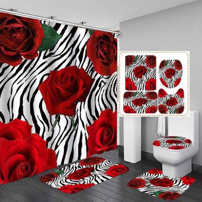 Pruge crvene ruže Cvijeće Kupaonski komplet zavjesa za tuširanje Vodootporna poliesterska periva neklizajuća prostirka za kupaonicu Tepisi Tepih Navlaka za poklopac WC školjke