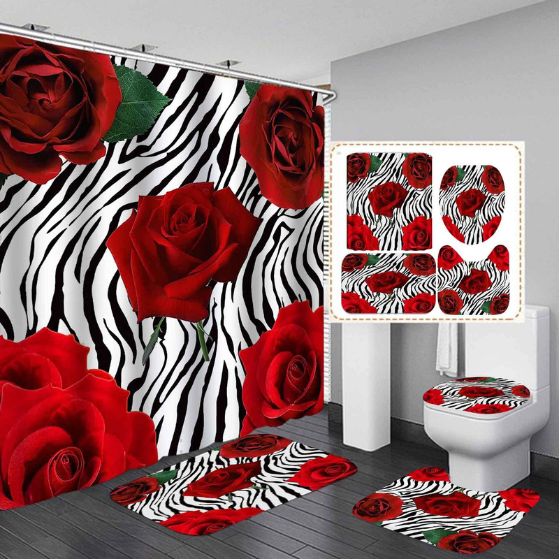 Pruge crvene ruže Cvijeće Kupaonski komplet zavjesa za tuširanje Vodootporna poliesterska periva neklizajuća prostirka za kupaonicu Tepisi Tepih Navlaka za poklopac WC školjke