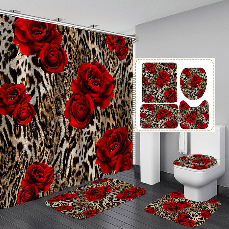 Pruge crvene ruže Cvijeće Kupaonski komplet zavjesa za tuširanje Vodootporna poliesterska periva neklizajuća prostirka za kupaonicu Tepisi Tepih Navlaka za poklopac WC školjke