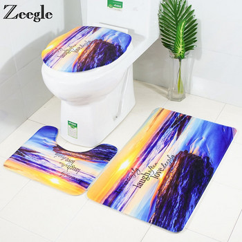 Zeegle Sea Wave Printed Килим Баня Фланелено покритие Тоалетна Комплект постелки за баня Противоплъзгаща се постелка за баня Тоалетни килими Килим за душ