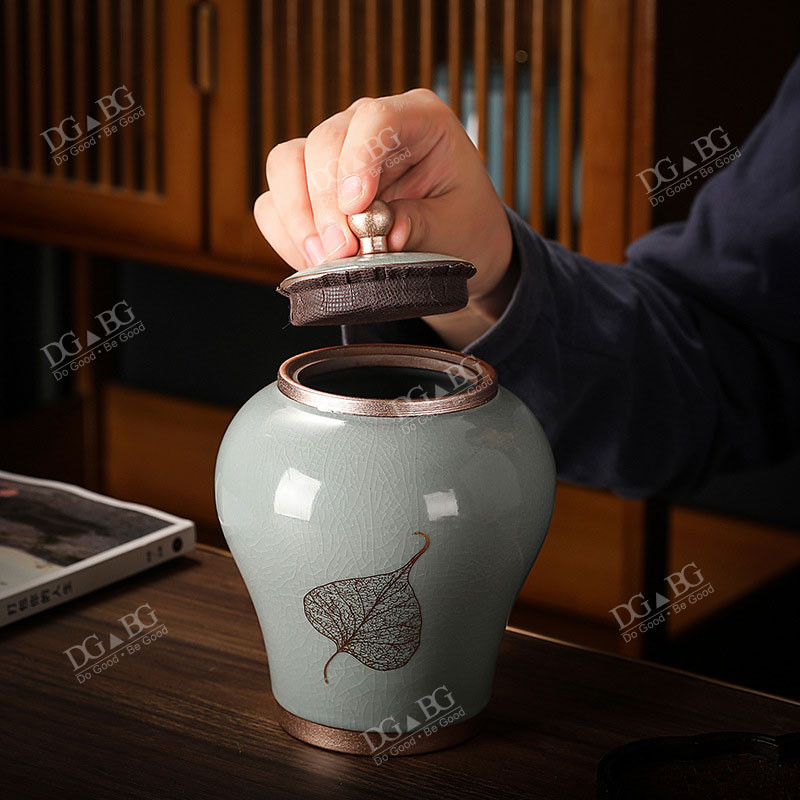 Apbedīšanas urnas pelniem cilvēku kremēšanai, piemiņas pelnu turētājs, suvenīri, dāvana ķīniešu stila lapu keramikas uzglabāšanas dekors
