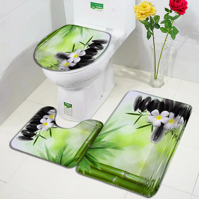 Purpura Orchid Zen Vannas Paklāji Komplekti Balts Sveces Melns Masāžas Akmens Asian Spa Modern Durvju Paklājs Mājas Vannas istabas Dekors Tualetes Paklājiņš