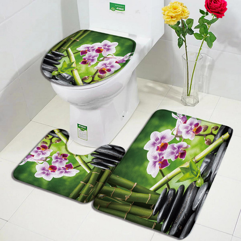 Purpura Orchid Zen Vannas Paklāji Komplekti Balts Sveces Melns Masāžas Akmens Asian Spa Modern Durvju Paklājs Mājas Vannas istabas Dekors Tualetes Paklājiņš