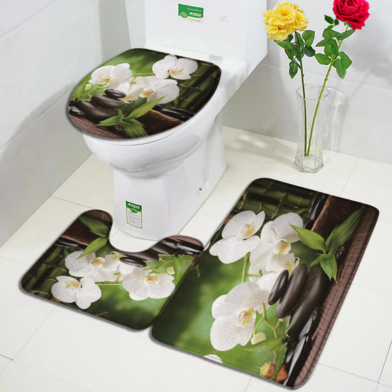 Purpura Orchid Zen Vannas Paklāji Komplekti Balts Sveces Melns Masāžas Akmens Asian Spa Modern Durvju Paklājs Mājas Vannas istabas Dekors Tualetes Paklājiņš