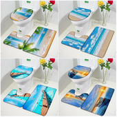 Okeāna pludmales vannas paklājiņu komplekts palmu lapas tilta laiva putns Havaju salas dabas ainava vannas istabas paklājs durvju paklājs pretslīdošs tualetes vāka paklājiņš