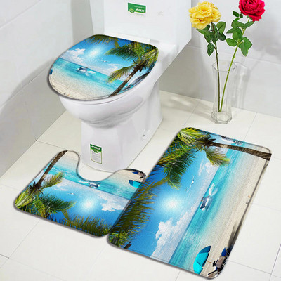Okeāna pludmales vannas paklājiņu komplekts palmu lapas tilta laiva putns Havaju salas dabas ainava vannas istabas paklājs durvju paklājs pretslīdošs tualetes vāka paklājiņš