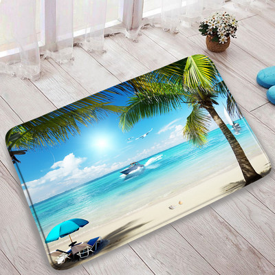 Okeāna pludmales vannas paklājiņu komplekts palmu lapas tilta laiva putns Havaju salas dabas ainava vannas istabas paklājs durvju paklājs pretslīdošs tualetes vāka paklājiņš