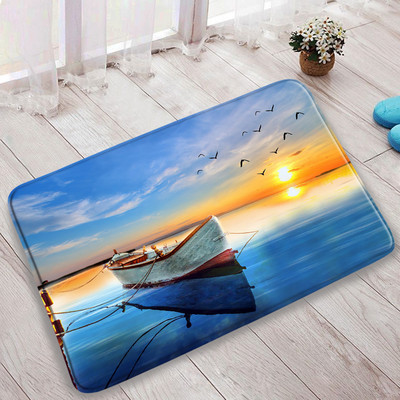 Okeāna pludmales vannas paklājiņu komplekts palmu lapas tilta laiva putns Havaju salas dabas ainava vannas istabas paklājs durvju paklājs pretslīdošs tualetes vāka paklājiņš