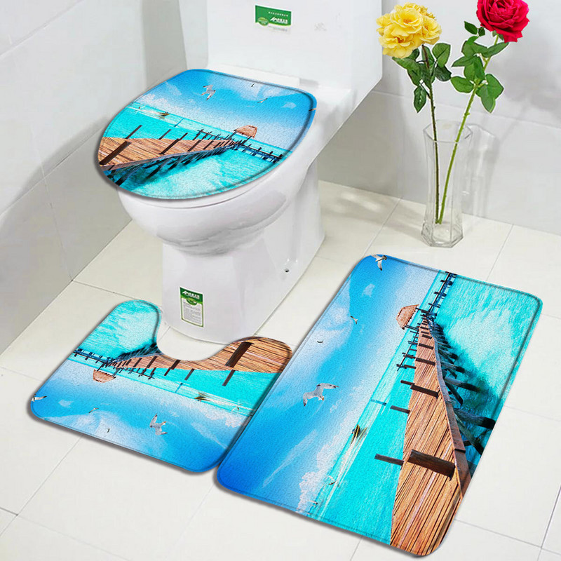 Okeāna pludmales vannas paklājiņu komplekts palmu lapas tilta laiva putns Havaju salas dabas ainava vannas istabas paklājs durvju paklājs pretslīdošs tualetes vāka paklājiņš