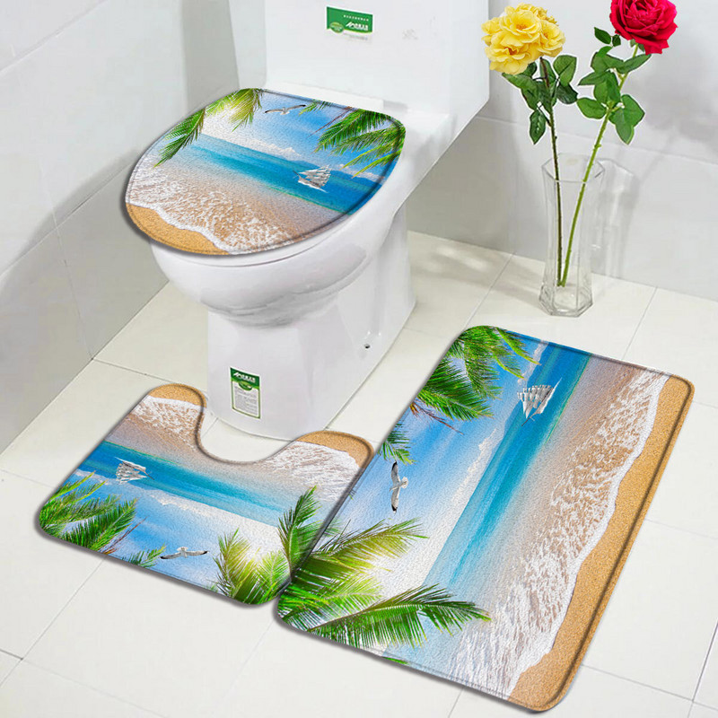Okeāna pludmales vannas paklājiņu komplekts palmu lapas tilta laiva putns Havaju salas dabas ainava vannas istabas paklājs durvju paklājs pretslīdošs tualetes vāka paklājiņš