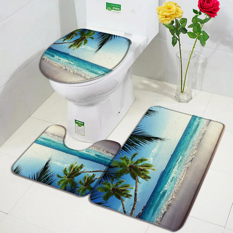 Okeāna pludmales vannas paklājiņu komplekts palmu lapas tilta laiva putns Havaju salas dabas ainava vannas istabas paklājs durvju paklājs pretslīdošs tualetes vāka paklājiņš