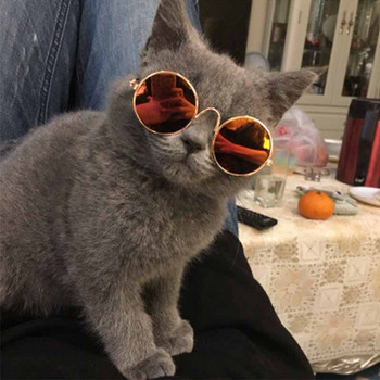 Продукти за домашни любимци Прекрасни винтидж кръгли слънчеви очила за котки Отражение Очила за носене на очила за малко куче, котка, снимки на домашни любимци