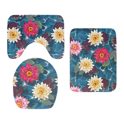 3D drukāšanas tualetes pārsegs vannas paklājiņa komplekts, flaneļa absorbējošs paklājs, pretslīdošs ieejas durvju paklājs Ziedu zivju māksla dušas dekorēšanas paklājs