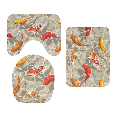 3D drukāšanas tualetes pārsegs vannas paklājiņa komplekts, flaneļa absorbējošs paklājs, pretslīdošs ieejas durvju paklājs Ziedu zivju māksla dušas dekorēšanas paklājs