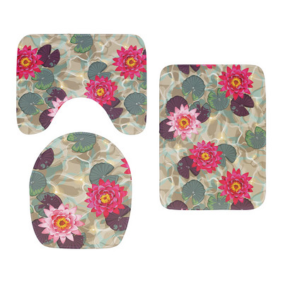 3D drukāšanas tualetes pārsegs vannas paklājiņa komplekts, flaneļa absorbējošs paklājs, pretslīdošs ieejas durvju paklājs Ziedu zivju māksla dušas dekorēšanas paklājs