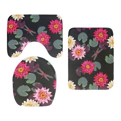 3D drukāšanas tualetes pārsegs vannas paklājiņa komplekts, flaneļa absorbējošs paklājs, pretslīdošs ieejas durvju paklājs Ziedu zivju māksla dušas dekorēšanas paklājs