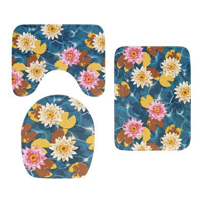 3D drukāšanas tualetes pārsegs vannas paklājiņa komplekts, flaneļa absorbējošs paklājs, pretslīdošs ieejas durvju paklājs Ziedu zivju māksla dušas dekorēšanas paklājs