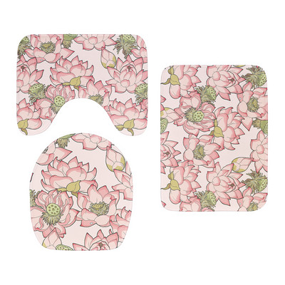 3D drukāšanas tualetes pārsegs vannas paklājiņa komplekts, flaneļa absorbējošs paklājs, pretslīdošs ieejas durvju paklājs Ziedu zivju māksla dušas dekorēšanas paklājs