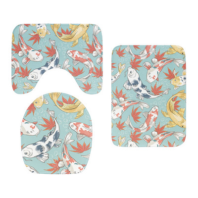 3D drukāšanas tualetes pārsegs vannas paklājiņa komplekts, flaneļa absorbējošs paklājs, pretslīdošs ieejas durvju paklājs Ziedu zivju māksla dušas dekorēšanas paklājs