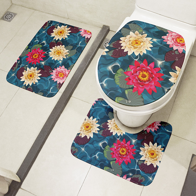3D drukāšanas tualetes pārsegs vannas paklājiņa komplekts, flaneļa absorbējošs paklājs, pretslīdošs ieejas durvju paklājs Ziedu zivju māksla dušas dekorēšanas paklājs