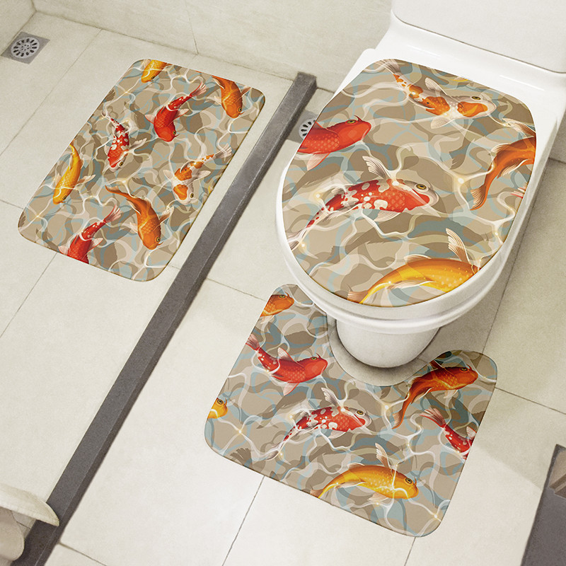 3D drukāšanas tualetes pārsegs vannas paklājiņa komplekts, flaneļa absorbējošs paklājs, pretslīdošs ieejas durvju paklājs Ziedu zivju māksla dušas dekorēšanas paklājs