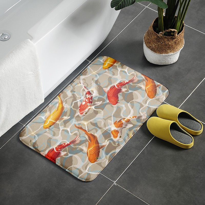 3D drukāšanas tualetes pārsegs vannas paklājiņa komplekts, flaneļa absorbējošs paklājs, pretslīdošs ieejas durvju paklājs Ziedu zivju māksla dušas dekorēšanas paklājs