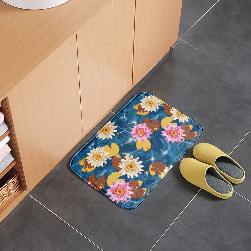 3D drukāšanas tualetes pārsegs vannas paklājiņa komplekts, flaneļa absorbējošs paklājs, pretslīdošs ieejas durvju paklājs Ziedu zivju māksla dušas dekorēšanas paklājs