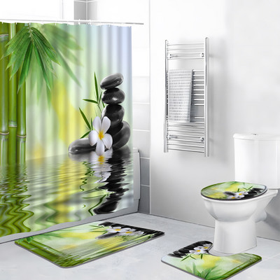 3kom/Set Zen vrt Kupaonska prostirka Zeleni kamen bambus Cvijet Biljka List Vodeni krajolik Spa Kada WC Tepih Neklizajuće prostirke