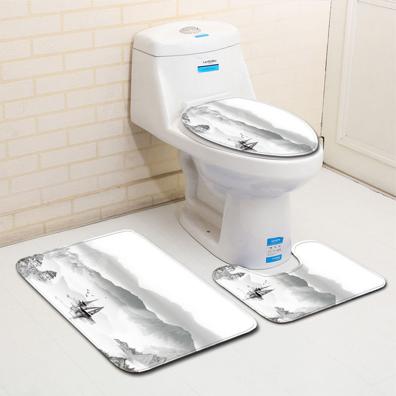 Zeegle 3 kom/set Kupaonski tepih sa slikovitim uzorkom Neklizajući set prostirki za kupaonicu Mekana flanelska kupaonska prostirka Navlaka za WC sjedalo Kupaonska prostirka