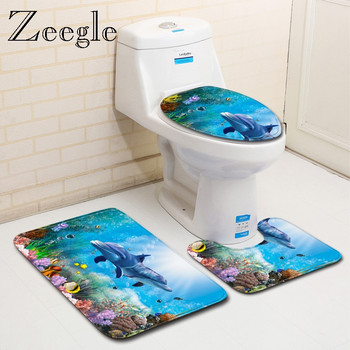 Zeegle Underwater World Painting Комплект постелки за баня фланелен противоплъзгащ постелка за баня Килим Килим за баня Тоалетна Килим Миещ се килим за душ