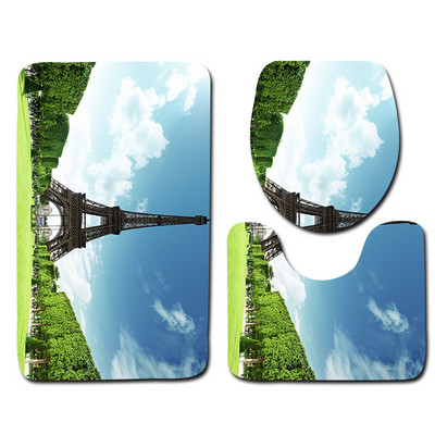 Zeegle Tower Printed 3Gb Tualetes paklāju komplekts Neslīdošs Pjedestāls Paklāji Vāks Tualetes Pārklājums Vannas Paklājiņu Komplekts Vannas Paklāji Dušas Paklājiņi