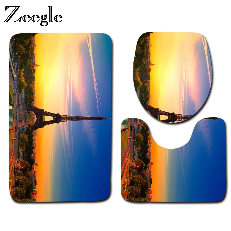 Zeegle Tower Printed 3Gb Tualetes paklāju komplekts Neslīdošs Pjedestāls Paklāji Vāks Tualetes Pārklājums Vannas Paklājiņu Komplekts Vannas Paklāji Dušas Paklājiņi