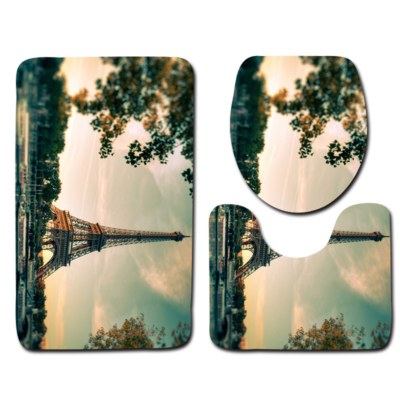 Zeegle Tower Printed 3Gb Tualetes paklāju komplekts Neslīdošs Pjedestāls Paklāji Vāks Tualetes Pārklājums Vannas Paklājiņu Komplekts Vannas Paklāji Dušas Paklājiņi