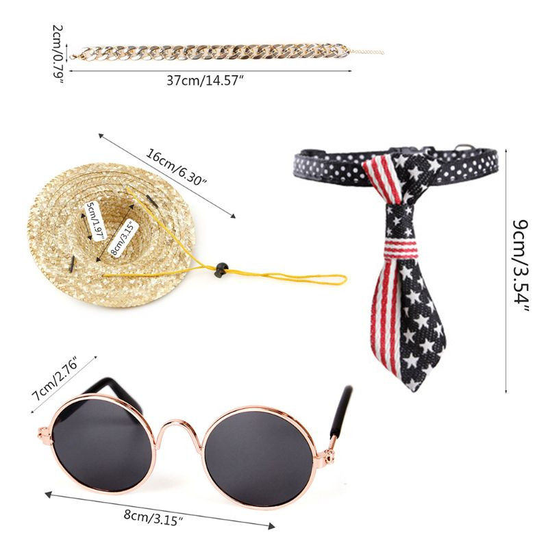 4 komada cool kostima za psa, mačke, modne sunčane naočale, lanac, ovratnik, slamnati šešir, set kravate