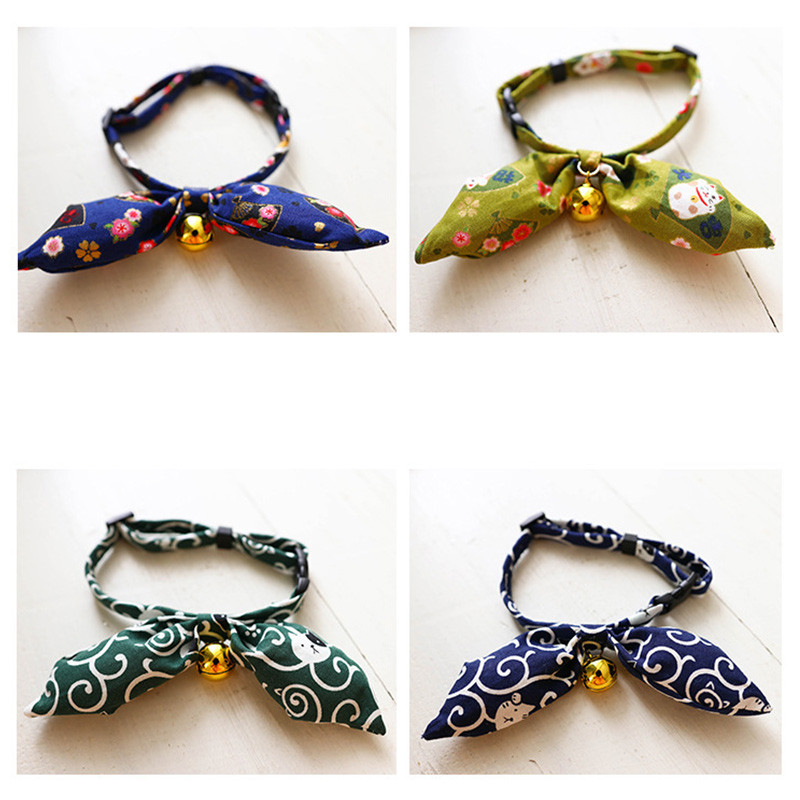 Japāņu modes mājdzīvnieku suņu kaklasiksnas liela tauriņa kaklasaites audums kaķa kakla aksesuāri gredzenu zvans pret pazaudēšanu regulējama kucēnu mājdzīvnieku kaklarota