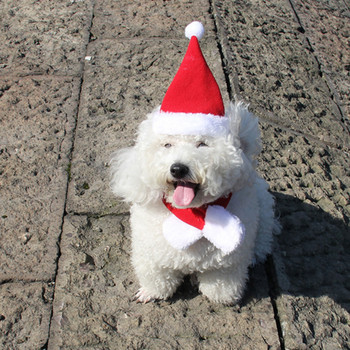 Шапка за куче Коледен шал Шапка на Дядо Коледа Костюм Топъл къс плюшен парти Косплей Червена рокля Кученце Коте Аксесоари за дрехи