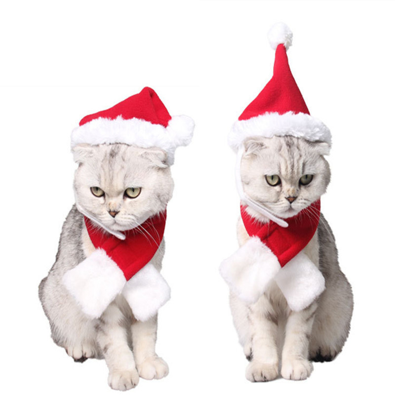 Suņa cepure Ziemassvētku šalle Ziemassvētku vecīša cepure uzvalks silts īss plīša ballītes Cosplay Sarkans saģērbt kucēns kaķēns Apģērbi Aksesuāri
