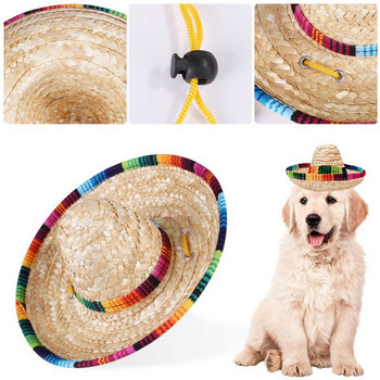 Модна тъкана сламена шапка за домашни любимци за котка Слънчева шапка Сомбреро за малки кучета и котки Плажно парти Сламен костюм Аксесоари за действие Сладък
