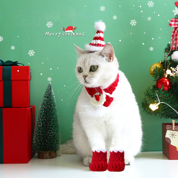 Комплект коледни шалове за домашни любимци Сладка котка Коледна шапка Плетен шал на Дядо Коледа Чорапи Празничен подарък за домашни любимци Честита Нова Година Navidad Аксесоари за домашни любимци