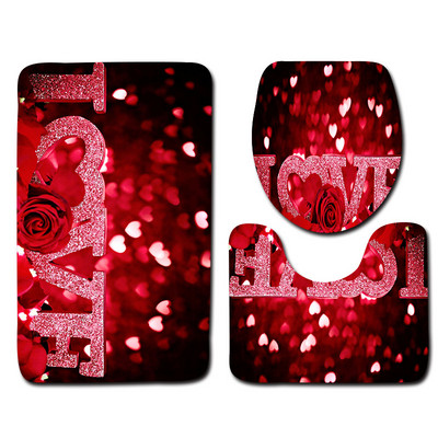 Zeegle Romantic Valentine 3Gb Tualetes paklāju komplekts Neslīdošs vannas istabas grīdas paklāji Flaneļa vannas istabas paklāja tualetes vāka vāks vannas paklājiņa komplekts