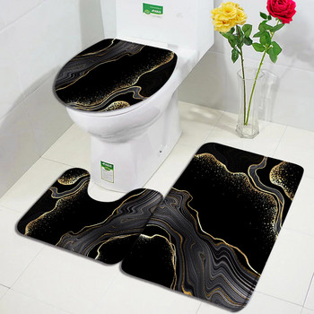 Комплект абстрактни мраморни постелки за баня Сиво златисто текстуриран модел Модерен минималистичен декор за баня Килим Неплъзгащи се килими Покривало на капака на тоалетната