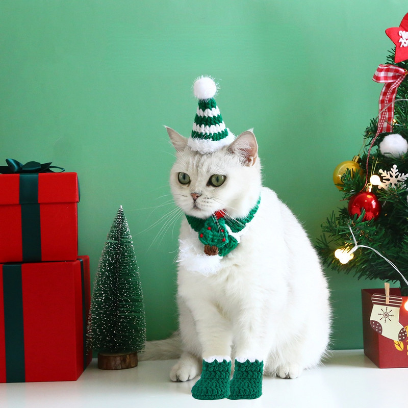 Mājdzīvnieku rotājumu komplekts Sarkans Zaļš Jauka kaķa cepure suns šalle roku tamborēšana adīšanas zeķu komplekts mājdzīvnieku piederumi mājdzīvnieku piederumi kaķu aksesuāri