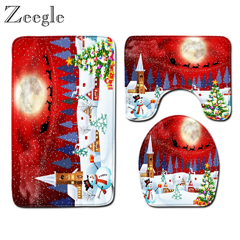 Σετ χριστουγεννιάτικου χαλάκι μπάνιου Zeegle Κάλυμμα καθίσματος τουαλέτας από μικροΐνες Ματ Διακόσμηση Ματ Τουαλέτας Μοντέρνο Χαλί πόρτας Απορροφητικό χαλί