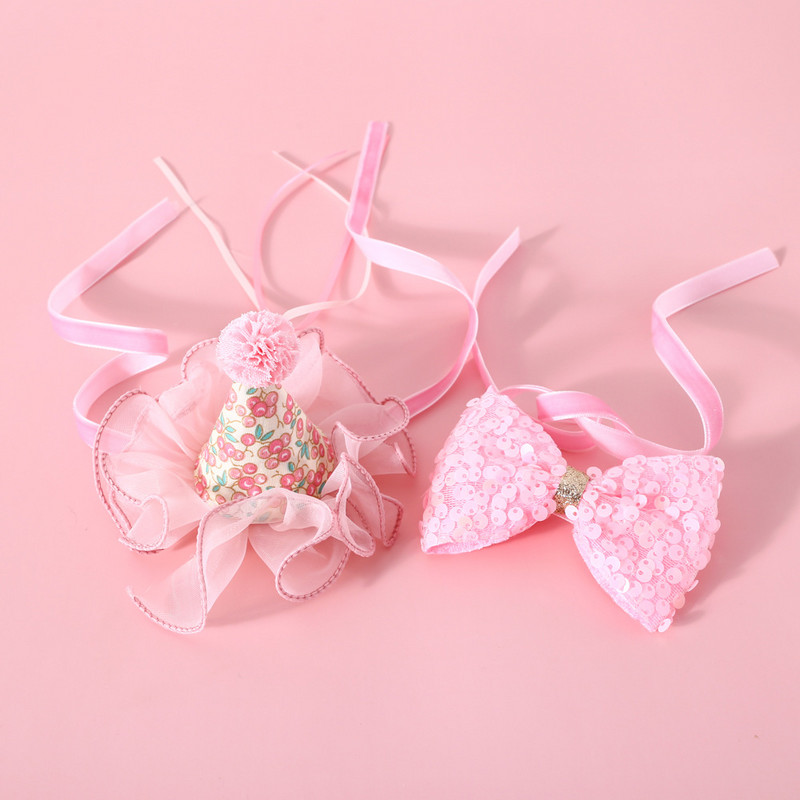 Animal de companie Pisică Câine Paiete Guler Papion Dantela florală Pălărie pentru ziua de naștere Set articole pentru cap pentru animale de companie Guler pentru pisici Guler pentru animale de companie Accesorii pentru animale de companie